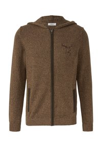 Brązowy rozpinany hoodie z teksturowanym wzorem dzianiny, z emblematem jelenia, dwiema bocznymi kieszeniami oraz ściągaczami na mankietach i u dołu.
