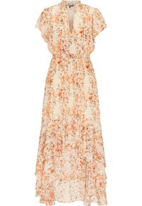 Robe maxi en tissu léger crème avec un motif floral orange. Présente un décolleté en V profond, des manches courtes à volants et un ourlet à volants en niveaux.