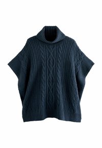 Marineblauer Strickponcho mit hohem, geripptem Kragen, der mit strukturierten Zopfmuster, weiten Ärmeln und einem lässigen Schnitt gestaltet ist.