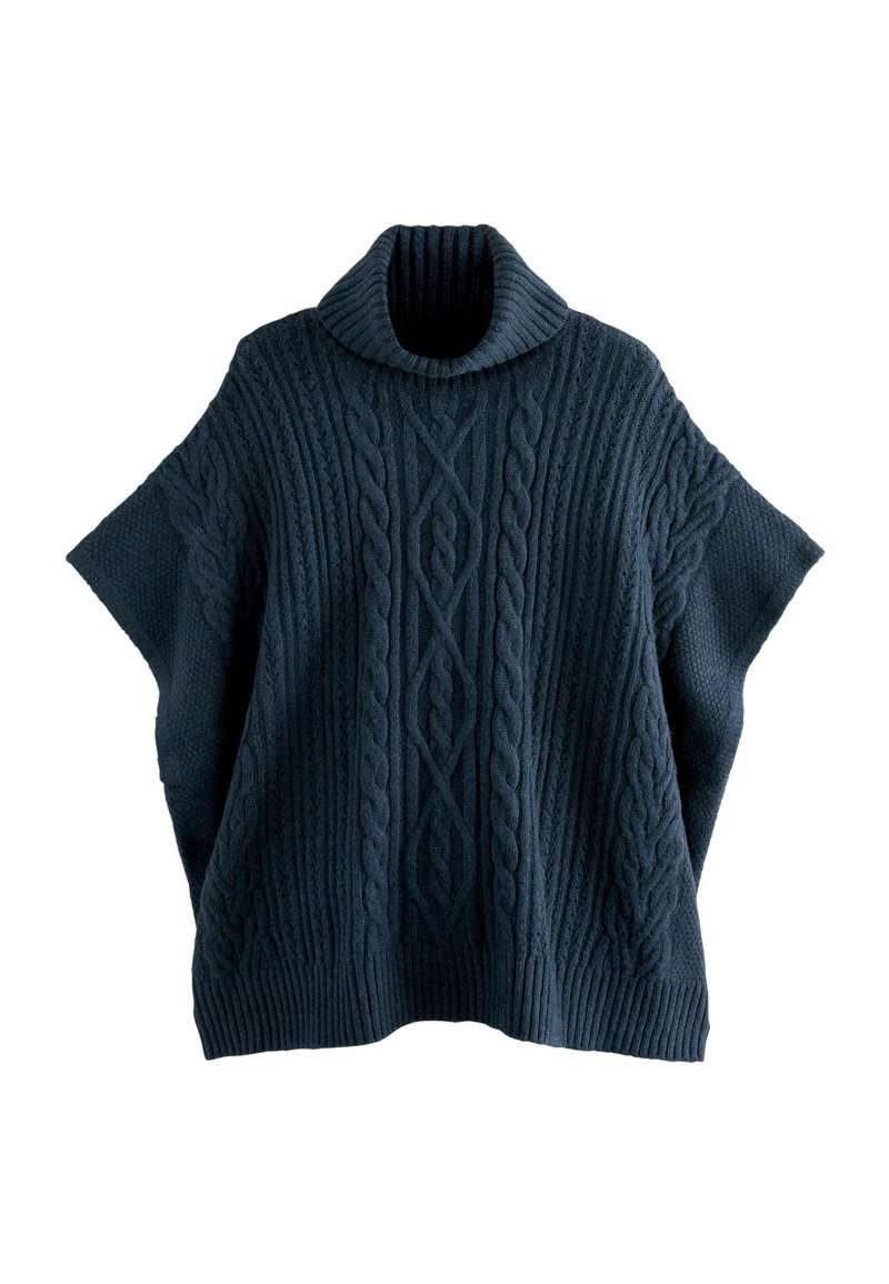 Marineblauer Strickponcho mit hohem, geripptem Kragen, der mit strukturierten Zopfmuster, weiten Ärmeln und einem lässigen Schnitt gestaltet ist.