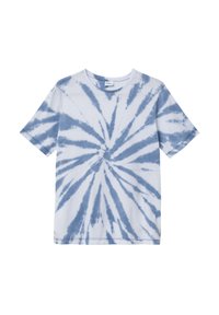 Blauwe en witte tie-dye T-shirt gemaakt van katoen. Heeft een ronde halslijn en korte mouwen met een spiraalpatroon over de hele shirt.