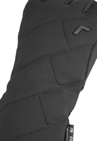 Black waterproof glove featuring a textured surface, diagonal stitching patterns, and a logo tag. Designed for warmth and flexibility.