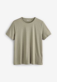 T-shirt a maniche corte, colletto rotondo, realizzato in morbido tessuto leggero di colore verde salvia, con una texture liscia e dettagli di design minimi.