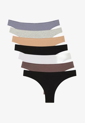 Confezione di sette perizomi in vari colori: grigio chiaro, lavanda, nudo, nero, bianco, marrone scuro e beige. Il materiale sembra morbido ed elastico.