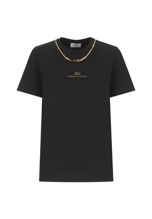 T-shirt in cotone nero con collo rotondo, maniche corte e stampa del logo dorato sul davanti, accentuata da un design a catena dorata sopra.