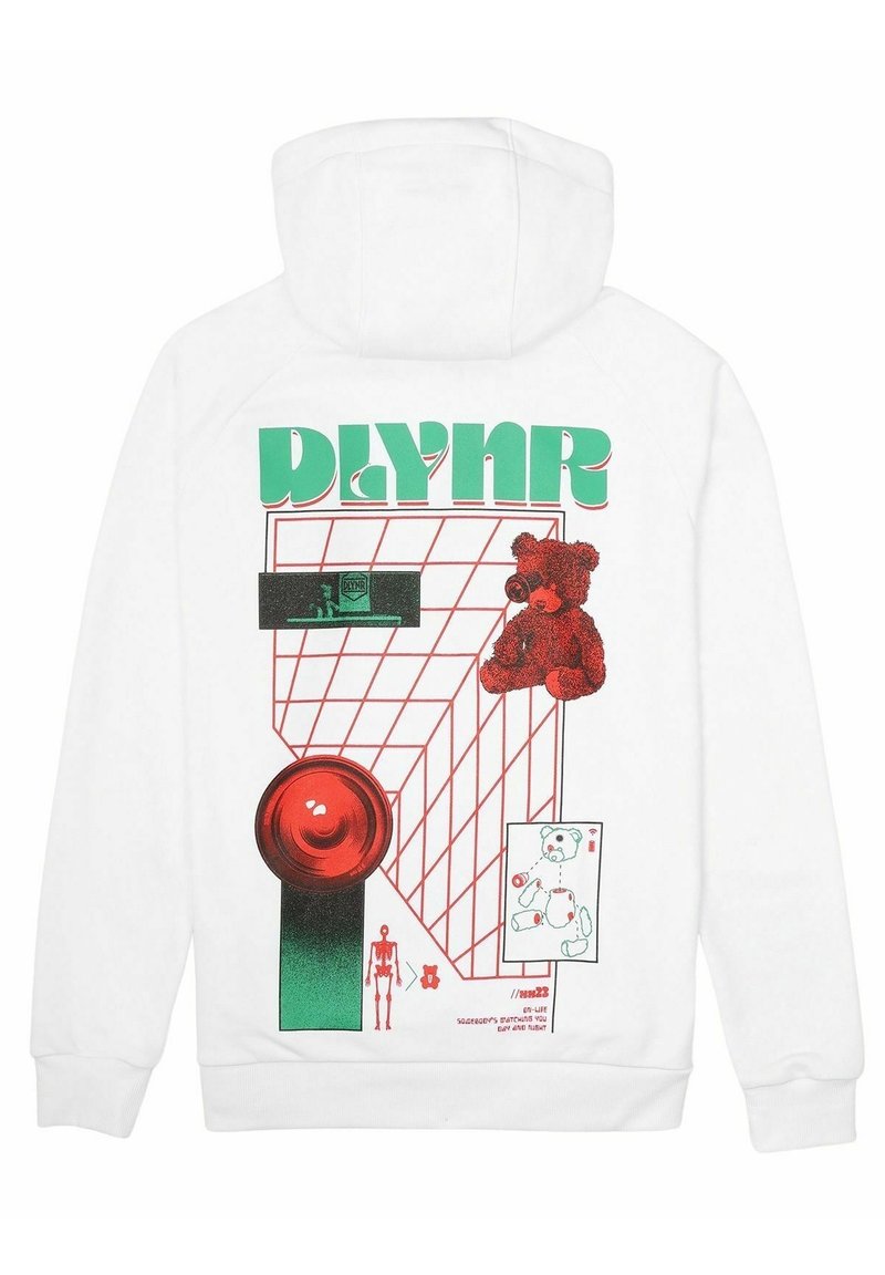 Haut à capuche blanc avec une impression graphique affichant le texte vert "DLYNR," un ours rouge, un bouton rouge, et des éléments de dessin linéaire sur un fond en grille.