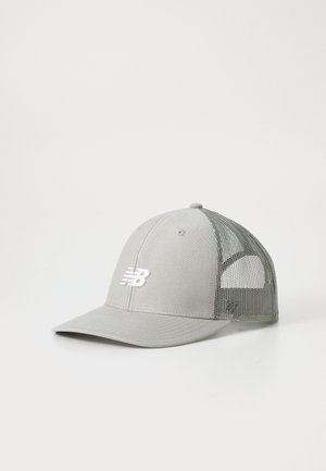 Light gray baseball cap with a mesh back and white New Balance logo on the front, placed on a white surface.