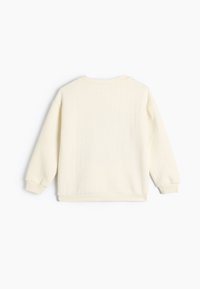 Sudadera color crema de manga larga, con puños y dobladillo acanalados. Textura suave, diseño minimalista, sin patrones ni adornos.