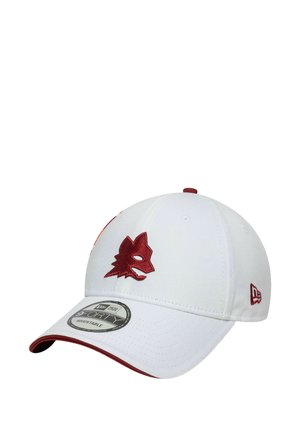 White baseball cap featuring a red embroidered wolf logo on the front, with a contrasting red accent on the visor and adjustable strap.