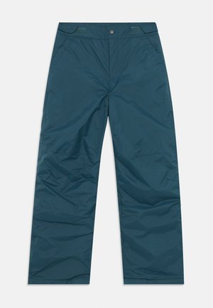 Teal, lightweight, water-resistant pants with a relaxed fit. Features a button closure, two side pockets, and velcro accents at the waist.