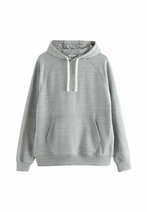 Sudadera gris con capucha ajustable, mangas raglán, bolsillo canguro en la parte frontal y puños y dobladillo de canalé. Fabricada con una tela suave y texturizada.