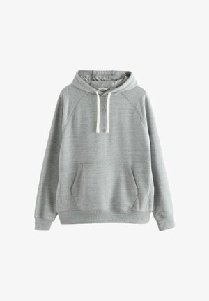 Hanorac gri cu un glugă cu șnur, mâneci raglan, buzunar frontal tip cangur și manșete și tiv din tricot. Fabricat dintr-un material moale, texturat.