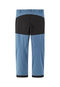 Pantaloni blu e neri con un design a lunghezza ginocchio, caratterizzati da pannelli bicolore e vita elastica. Tessuto liscio con una finitura opaca.