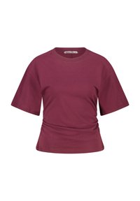 Burgundy short-sleeve t-shirt made of smooth cotton; features a crew neck, relaxed fit, and gathered detailing at the waist.