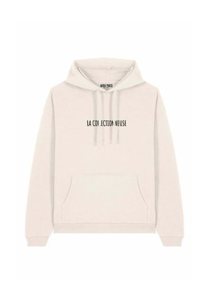 Sweat à capuche beige clair avec une poche kangourou, arborant un texte graphique noir "LA CO.LLEC.TION NEUSE" sur le devant.