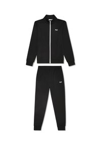 Schwarzer Trainingsanzug mit einer Reißverschlussjacke, die einen Stehkragen und einen weißen Reißverschluss aufweist. Die Hose hat einen elastischen Bund und gerippte Bündchen sowie ein Logodetail.