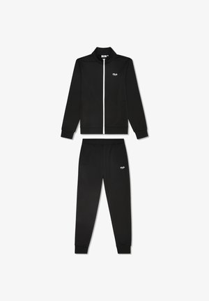 Tuta nera con giacca con zip e colletto alto, zip bianca. I pantaloni hanno una vita elastica e polsini a coste, con dettagli del logo.