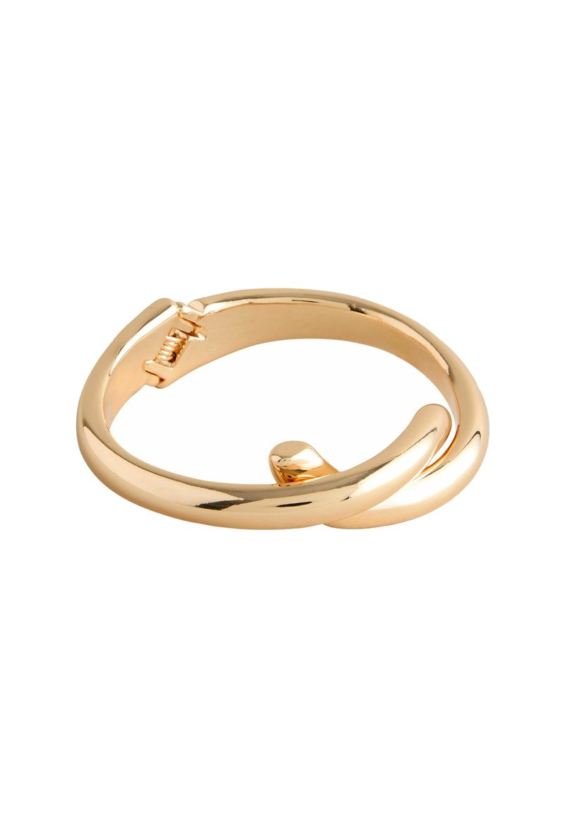 Gold-tone metal bracelet with a smooth, polished finish, featuring a twisted design and a secure clasp mechanism.