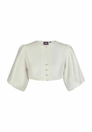 Blouse blanche courte avec manches bouffantes à mi-coude et boutons en perle à l'avant, col rond.
