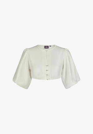 Blouse blanche courte avec manches bouffantes à mi-coude et boutons en perle à l'avant, col rond.