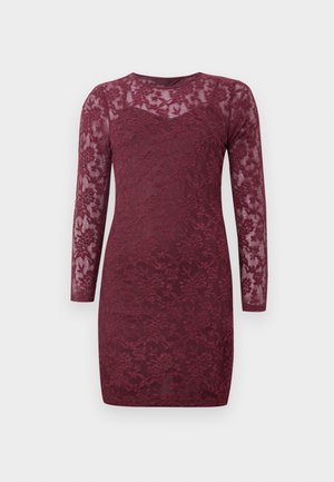 Tamsiai raudono ilgos rankovės daili suknelė su gėlėta nėriniu ir permatomomis nėriniuotomis viršutinėmis krūtinės bei rankovėmis, iki kelių.