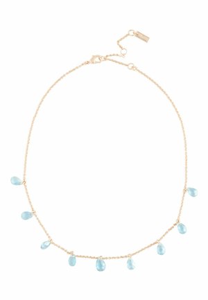 Delicate gold chain necklace with nine small, blue teardrop-shaped gemstones evenly spaced along the lower half.