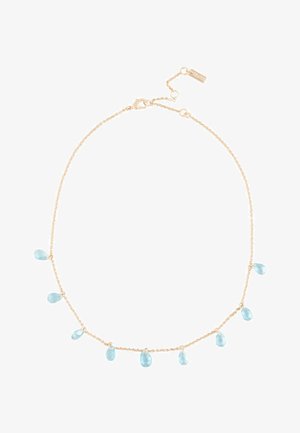 Zarte Halskette aus Gold mit neun kleinen, blauen, tropfenförmigen Edelsteinen, die gleichmäßig entlang der unteren Hälfte verteilt sind.