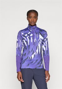 Lila langärmliges Sportoberteil mit halbem Reißverschluss, mit einem dynamischen abstrakten Design in verschiedenen Lila- und Schwarztönen. Glattes, dehnbares Material.