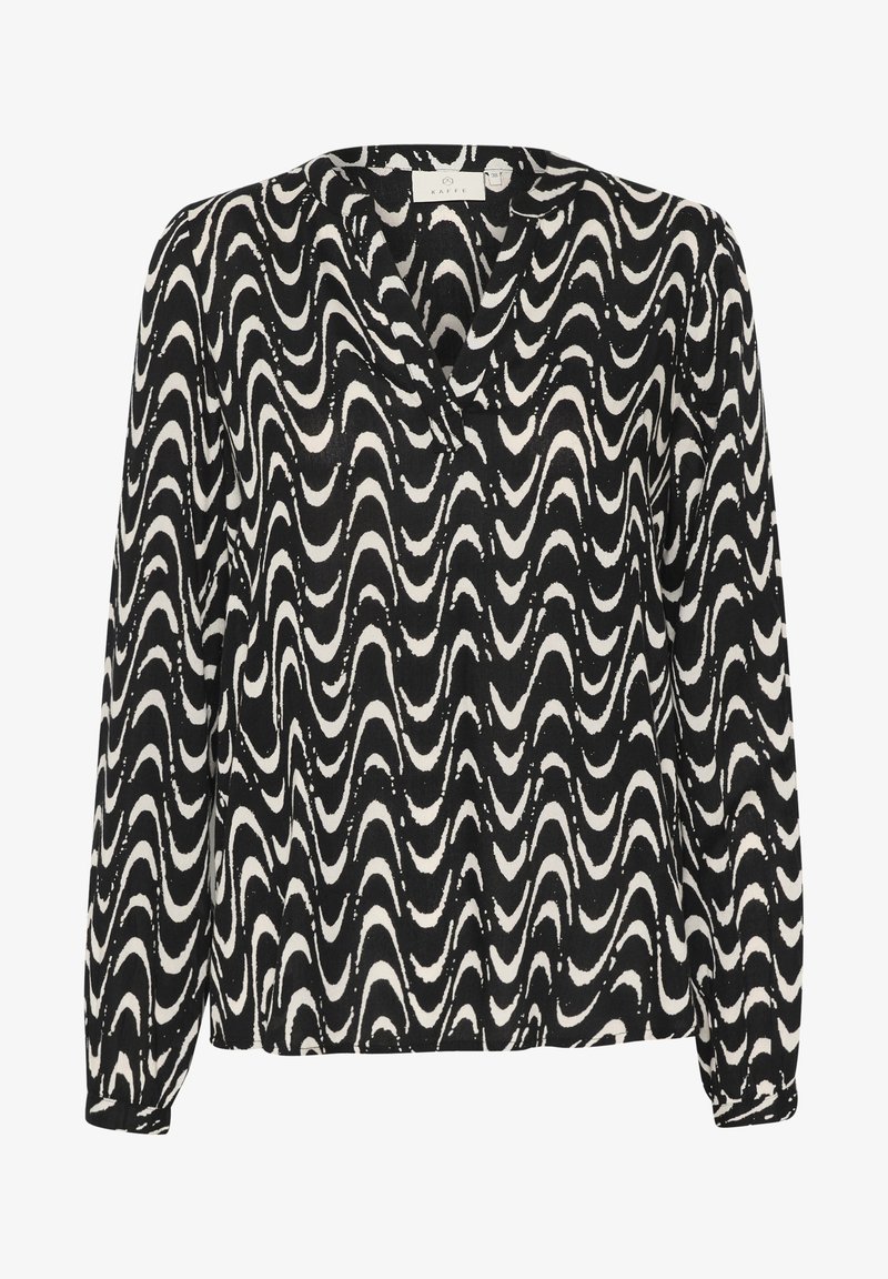 Blouse à manches longues noire et blanche avec un motif abstrait ondulé et un col en V, taille 38, étiquette de marque "Kaffe" visible à l'intérieur.
