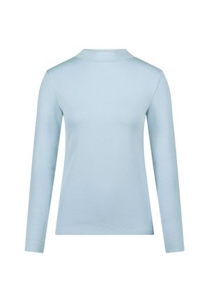 Haut bleu clair à manches longues en tissu doux, avec un col montant et une coupe ajustée. Texture lisse avec des coutures minimales.