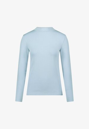 Lichtblauw topje met lange mouwen gemaakt van zacht stof, met een hoge halslijnen en een slanke pasvorm. Gladde textuur met minimale naden.