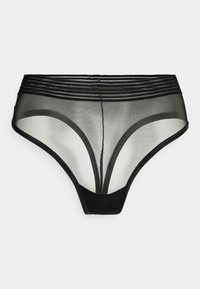 Sorte gjennomsiktige truser med myk midje i horisontale striper, semi-transparent front og bak, samt fremhevede utskjæringsdetaljer.
