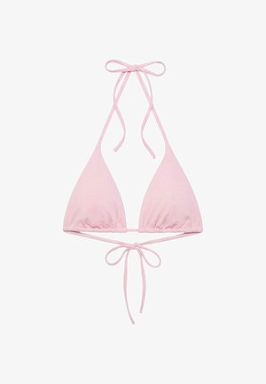 Vaaleanpunainen kolmionmuotoinen bikiniyläosa säädettävillä niska- ja selkäsolmuilla valkoisella taustalla.