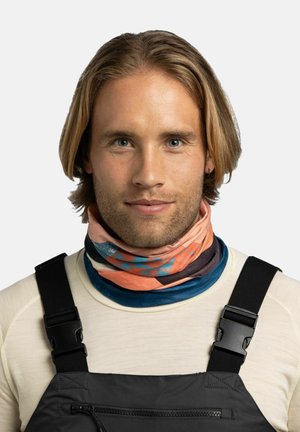 Multicolored neck gaiter with abstract patterns in peach, blue, and dark colors, made from soft, stretchy fabric. Features layered design.