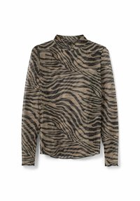 Áttetsző, bézs hosszú ujjú ing fekete zebra csíkokkal, magas gallérral és ívelt aljjal, amely könnyű, lélegző anyagot jelez.