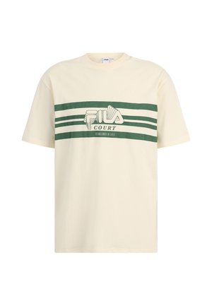 Krämfärgad bomull t-shirt med avslappnad passform, prydd med ett grönt horisontellt randmönster och "FILA COURT" grafik i mitten.