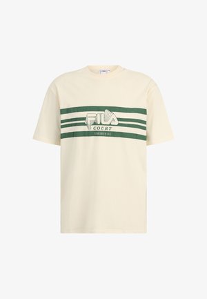 Kerman t-paita rentoa istuvuutta, jossa on vihreä vaakaraitasuunnittelu ja "FILA COURT" -grafiikka keskellä.