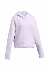 Cappuccio corto di colore lavanda chiaro realizzato in tessuto morbido, con cappuccio, maniche lunghe e un piccolo logo bianco sul petto.