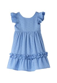 Himmelblaues Baumwollkleid mit kurzen Rüschärmeln, strukturiertem Stoff, rundem Ausschnitt und einem gerafften Rock mit Rüschensaum.