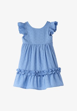 Vestido de algodón azul claro con mangas cortas con volantes, tejido texturizado, cuello redondo y una falda recogida con un dobladillo con volantes.