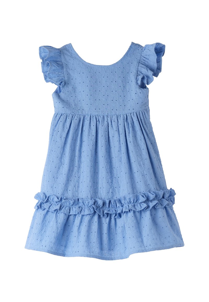 Himmelblaues Baumwollkleid mit kurzen Rüschärmeln, strukturiertem Stoff, rundem Ausschnitt und einem gerafften Rock mit Rüschensaum.