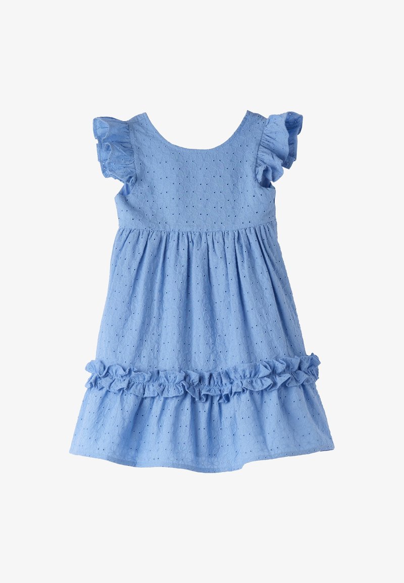 Himmelblaues Baumwollkleid mit kurzen Rüschärmeln, strukturiertem Stoff, rundem Ausschnitt und einem gerafften Rock mit Rüschensaum.