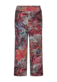 Weite Hosen mit lebhaften Blumen- und Blattmustern in Rot, Lila und Grautönen aus lockerer Stoffqualität.