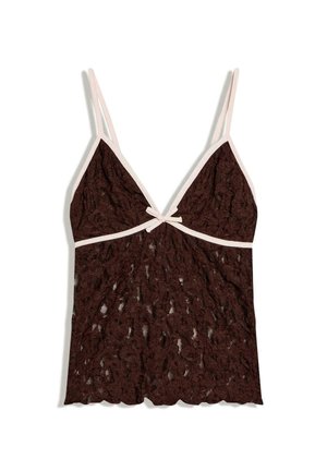 Brun blonder camisole med lyst beige kant, tynde justerbare stropper, V-halsudskæring og lille sløjfedetalje i midten foran.