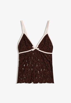 Maiou maro din dantelă cu margine bej deschis, bretele subțiri reglabile, decolteu în formă de V și mic detaliu cu fundă în centru față.