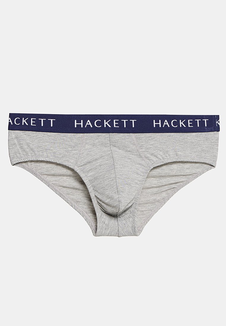 Bañadores de algodón grises con una cinturilla elástica azul marino que presenta el logo "HACKETT" en blanco. Diseñados con una bolsa contorneada para mayor comodidad.