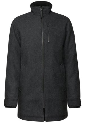 Abrigo de mezcla de lana gris con un cuello alto, cremallera frontal de toda la longitud y bolsillos laterales. Presenta un patrón texturizado y un ajuste entallado.