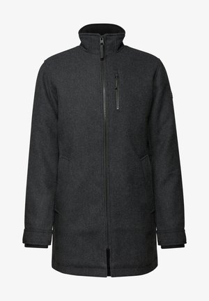 Cappotto grigio in misto lana con colletto alto, zip frontale a tutta lunghezza e tasche laterali. Presenta un motivo testurizzato e una vestibilità sartoriale.