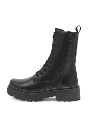 Schwarzer Kampfstiefel mit glattem Lederfinish, Schnürvorderseite, seitlichem Reißverschluss für einfaches An- und Ausziehen, rundem Zehenbereich und strukturiertem Gummisohle.
