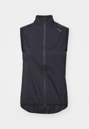 Vest de ciclism fără mâneci, de culoare neagră, cu guler înalt, fermoar frontal, croială ergonomică și tiv elastic. Fabricat dintr-un material ușor și respirabil.